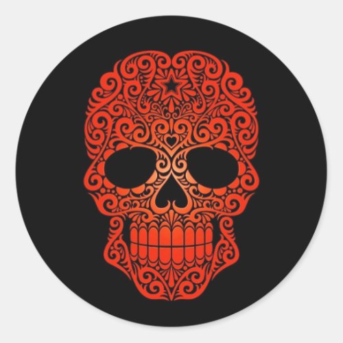 Red Swirling Sugar Skull on Black Classic Round Sticker