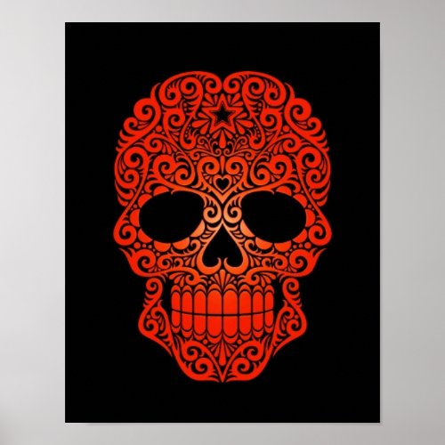 Red Swirling Sugar Skull on Black Poster