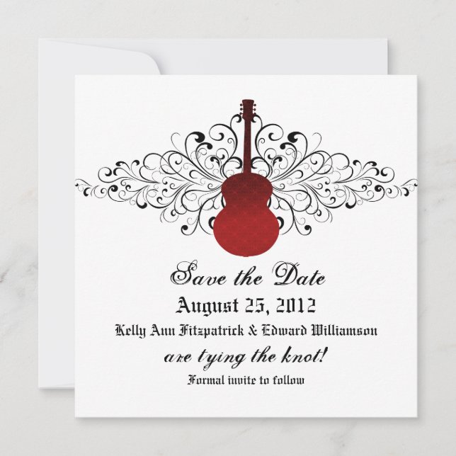 Red Swirls Guitar Save the Date Invite (Front)