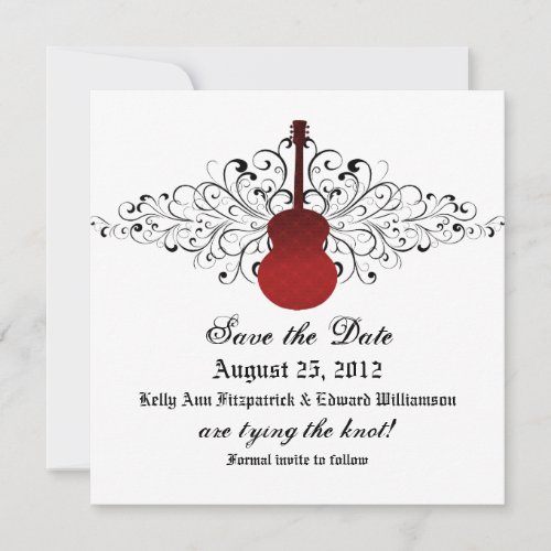 Red Swirls Guitar Save the Date Invite