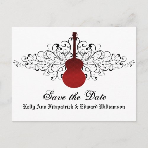 Red Swirls Guitar Save the Date Postcard