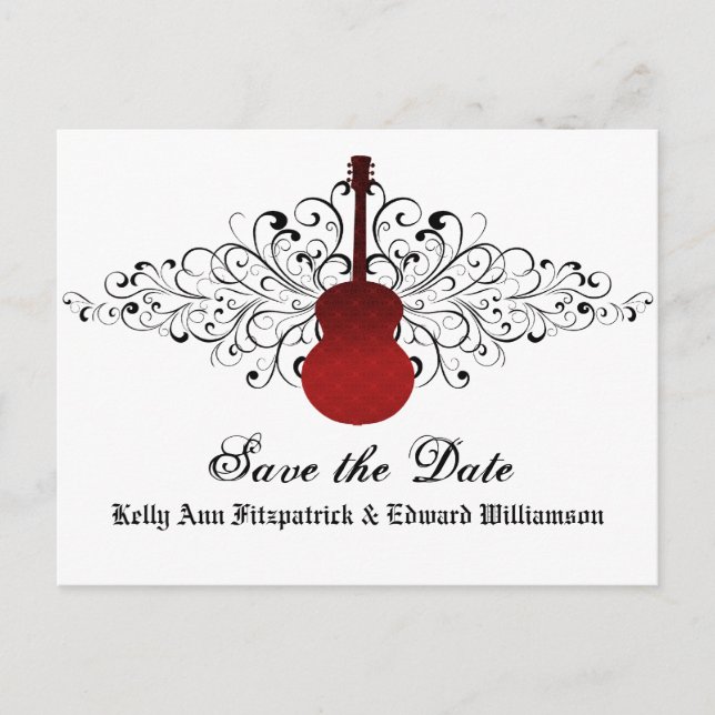 Red Swirls Guitar Save the Date Postcard (Front)