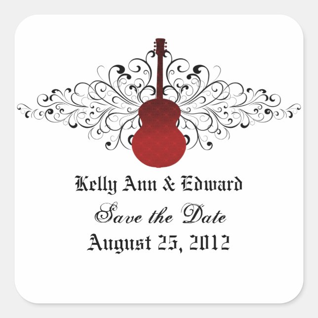 Red Swirls Guitar Save the Date Stickers (Front)