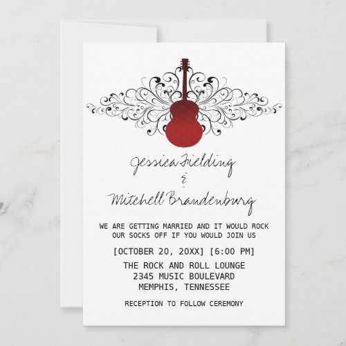 Red Swirls Guitar Wedding Invitation