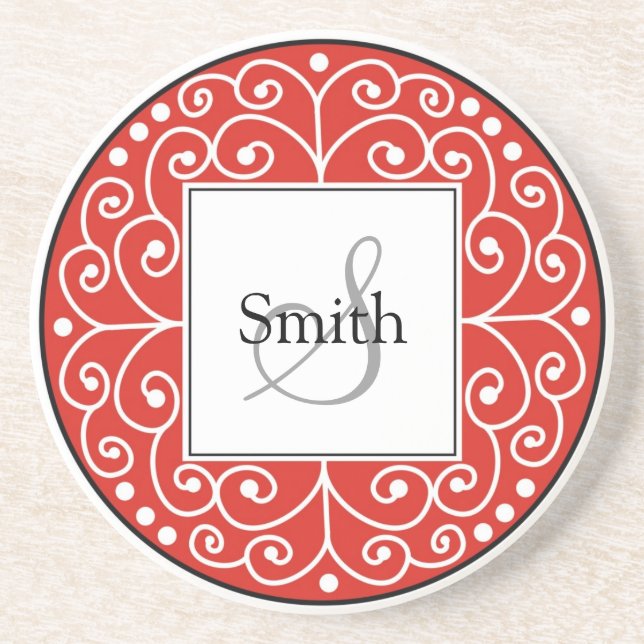 Red Swirls Monogram Personalized Wedding Coaster (Front)