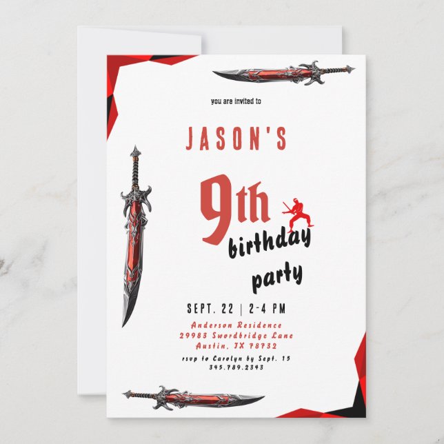 Red Sword Boy's Birthday Party III Invitation (Front)