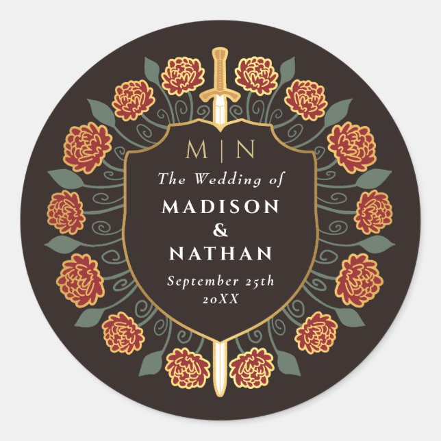 Red Sword Shield Medieval Fantasy Monogram Wedding Classic Round Sticker (Front)