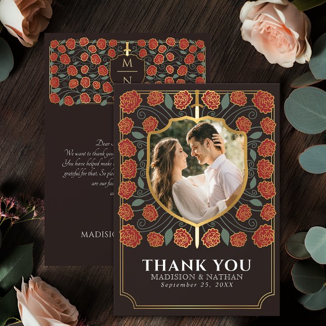 Red Sword & Shield Medieval Fantasy Wedding Thank You Card (Creator Uploaded)