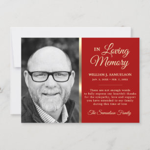 Red Sympathy Funeral Memory THANK YOU Photo Card