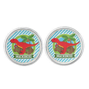 Red T-Rex Dinosaur; Blue & White Stripes Cufflinks