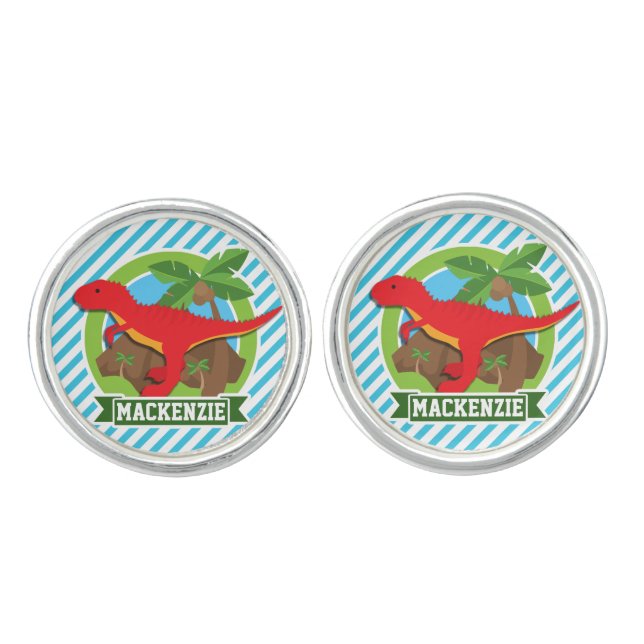 Red T-Rex Dinosaur; Blue & White Stripes Cufflinks (Front)