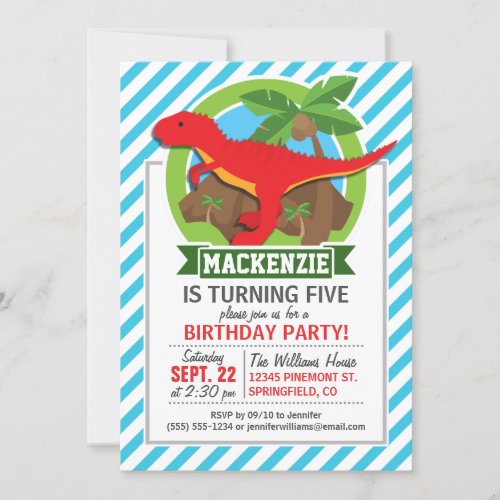 Red T_Rex Dinosaur Blue  White Stripes Invitation