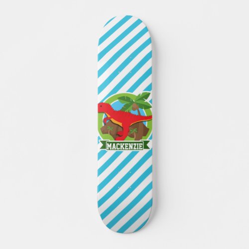 Red T_Rex Dinosaur Blue  White Stripes Skateboard Deck
