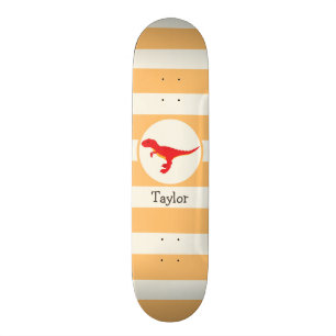 Red T-Rex Dinosaur; Orange Stripes Skateboard Deck