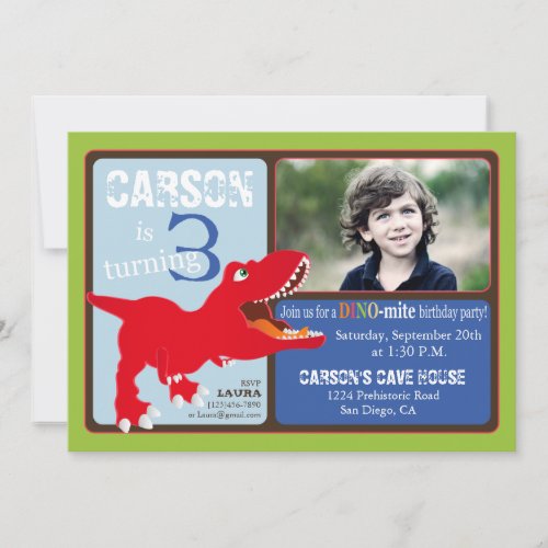 Red T-Rex Dinosaur Third Birthday Invitation Card