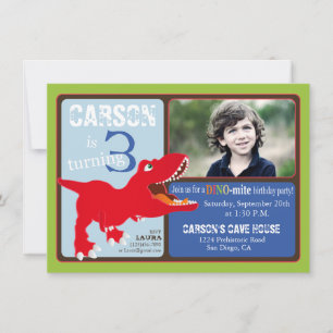 Red T-Rex Dinosaur Third Birthday Invitation Card