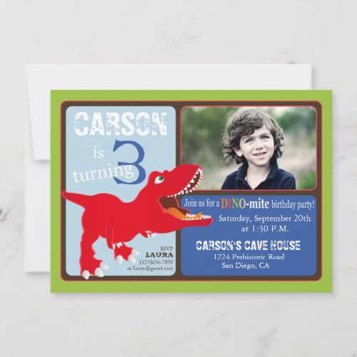 Red T-Rex Dinosaur Third Birthday Invitation Card