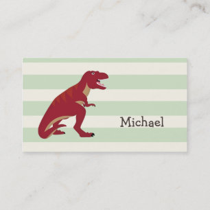 Red T-Rex on Pastel Green Stripes Business Card
