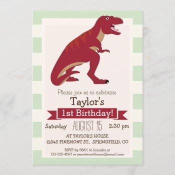 Red T-rex On Pastel Green Stripes Invitation by Birthday_Party_House at Zazzle