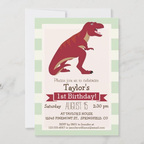 Red T_Rex on Pastel Green Stripes Invitation