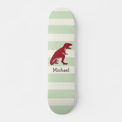 Red T_Rex on Pastel Green Stripes Skateboard Deck