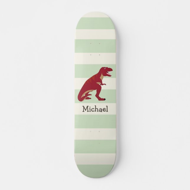 Red T-Rex on Pastel Green Stripes Skateboard Deck (Front)