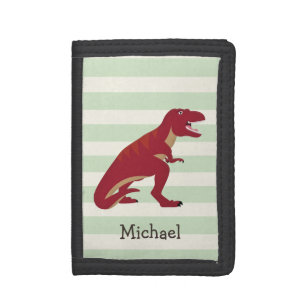 Red T-Rex on Pastel Green Stripes Tri-fold Wallet