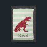 Red T-Rex on Pastel Green Stripes Trifold Wallet<br><div class="desc">Cool, colorful kid's dark red t-rex dinosaur, dino, tyrannosaurus rex, prehistoric theme design on pastel mint green and off white stripes pattern. Perfect gift for baby, toddler, kids, children, teens, or adults! Personalized the design by adding a child's name or custom text. Visit our store, Birthday Party House, for more...</div>