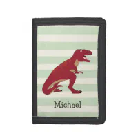 Red T-Rex on Pastel Green Stripes Trifold Wallet | Zazzle
