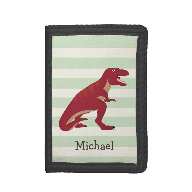 Red T-Rex on Pastel Green Stripes Trifold Wallet (Front Vertical)