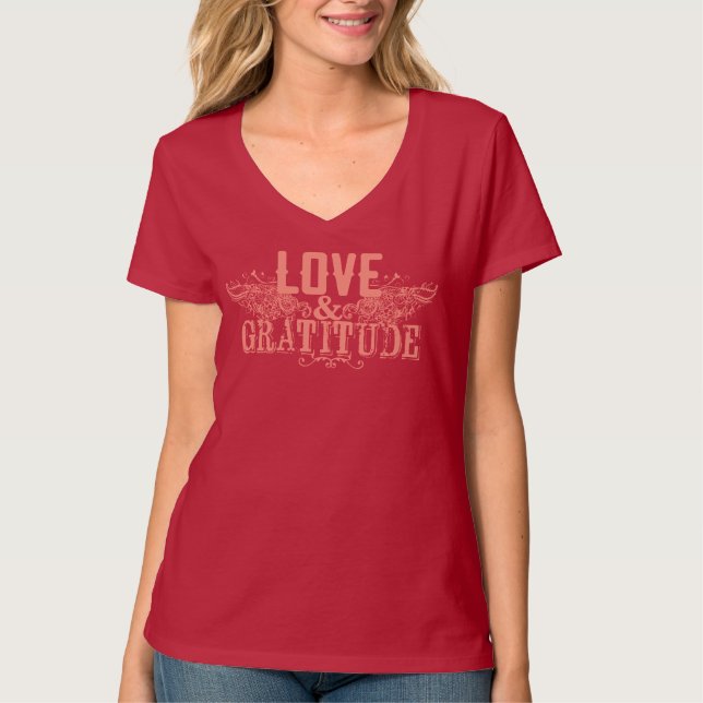Red T-Shirt with Love and Gratitude Wording (Front)