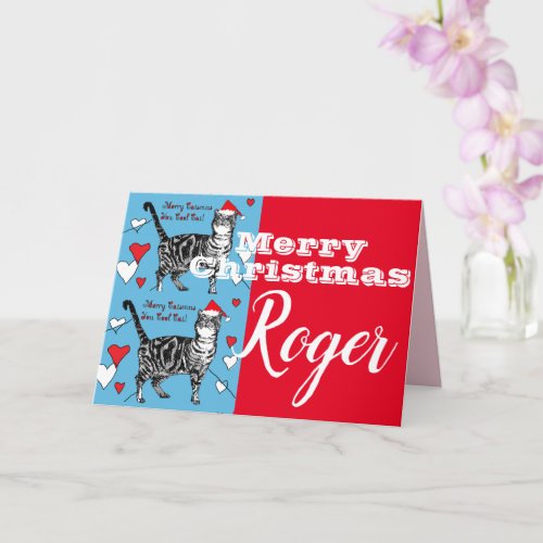 Red Tabby Cat Merry Christmas Mans Name Card