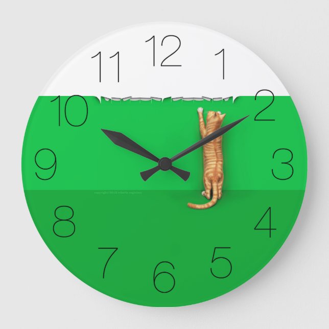 Red tabby cat rips paper round clock (Front)