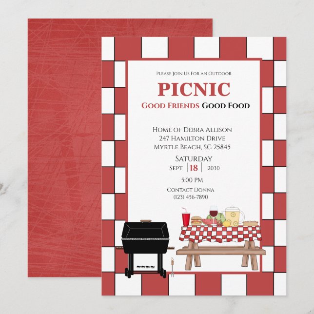 Red Tablecloth Picnic BBQ Outdoor Grill   Invitation (Front/Back)