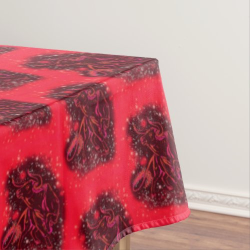 Red Tablecloth with Running Bull In Starry Night