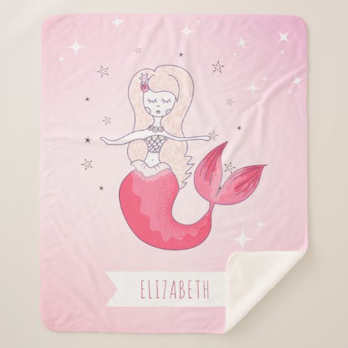 Red Tail Girl Mermaid Stars Sparkle Pink Name Cute Sherpa Blanket