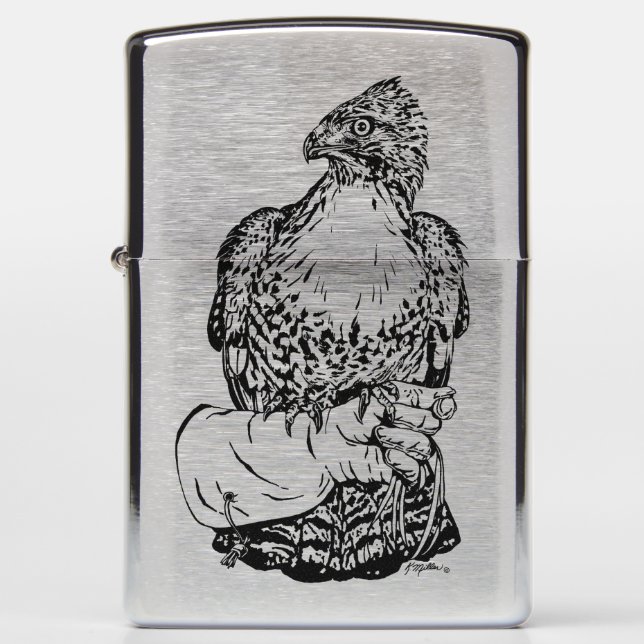 Red-tail Hawk on Glove Zippo Lighter (Front)