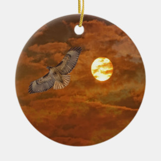 Red Tailed Hawk and Red Skies Ceramic Ornament