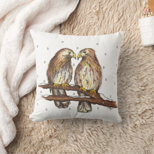 Red_Tailed Hawk Birds Lovebird Watching Snow  Throw Pillow