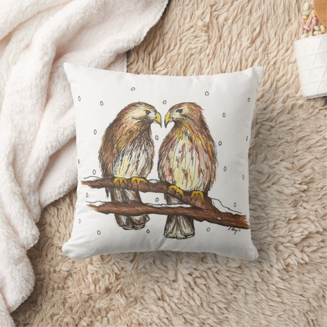 Red-Tailed Hawk Birds Lovebird Watching Snow  Throw Pillow (Blanket)