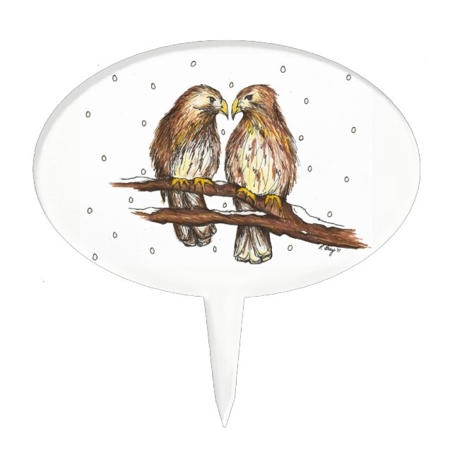 Red Tailed Hawk Love Birds Snow Christmas Holiday Cake Topper (Front)