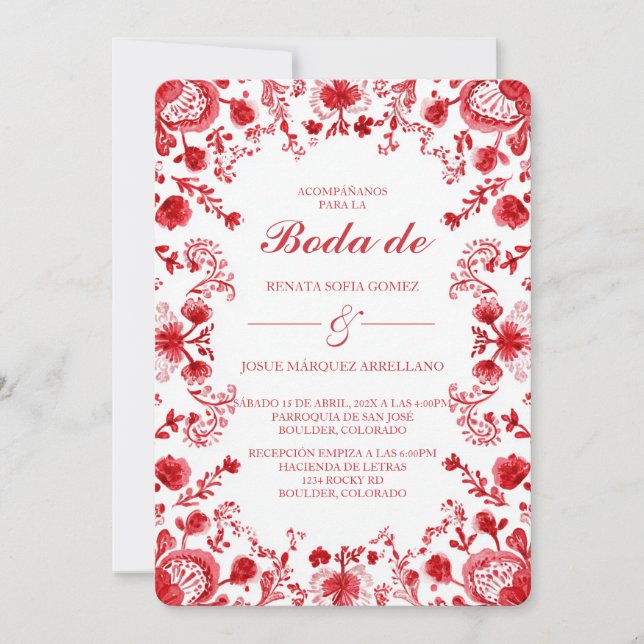 Red TalaveraWedding Invitation in Spanish (Front)