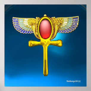 RED TALISMAN/EGYPTIAN WINGED ANKH,CORNUCOPIA Blue Poster