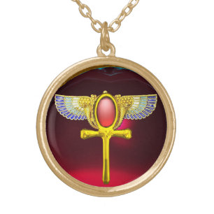 RED TALISMAN/ EGYPTIAN WINGED ANKH WITH CORNUCOPIA GOLD PLATED NECKLACE
