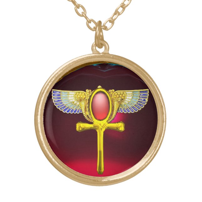 RED TALISMAN/ EGYPTIAN WINGED ANKH WITH CORNUCOPIA GOLD PLATED NECKLACE (Front)
