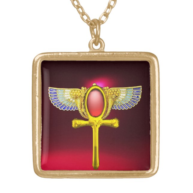 RED TALISMAN/ EGYPTIAN WINGED ANKH WITH CORNUCOPIA GOLD PLATED NECKLACE (Front)