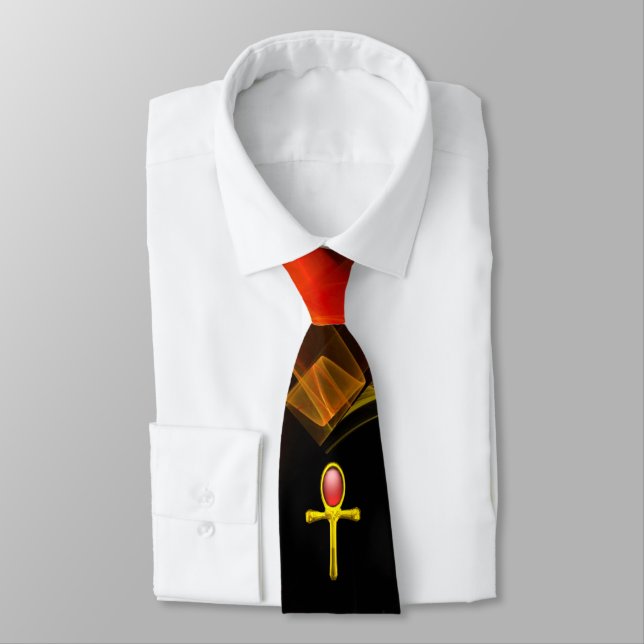 RED TALISMAN,GOLD ANKH,ORANGE FRACTAL WAVES,SWIRLS TIE (Tied)