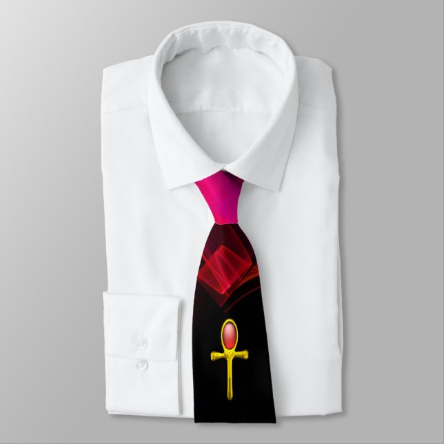 RED TALISMAN,GOLD ANKH, PINK FRACTAL WAVES,SWIRLS NECK TIE (Tied)
