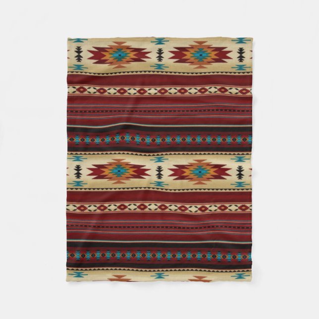 RED/TAN Aztec Print Fleece Blanket (Front)