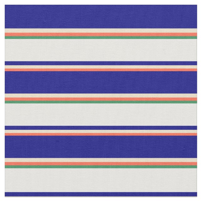 Red, Tan, Blue, White & Sea Green Striped Pattern Fabric (Close Up)